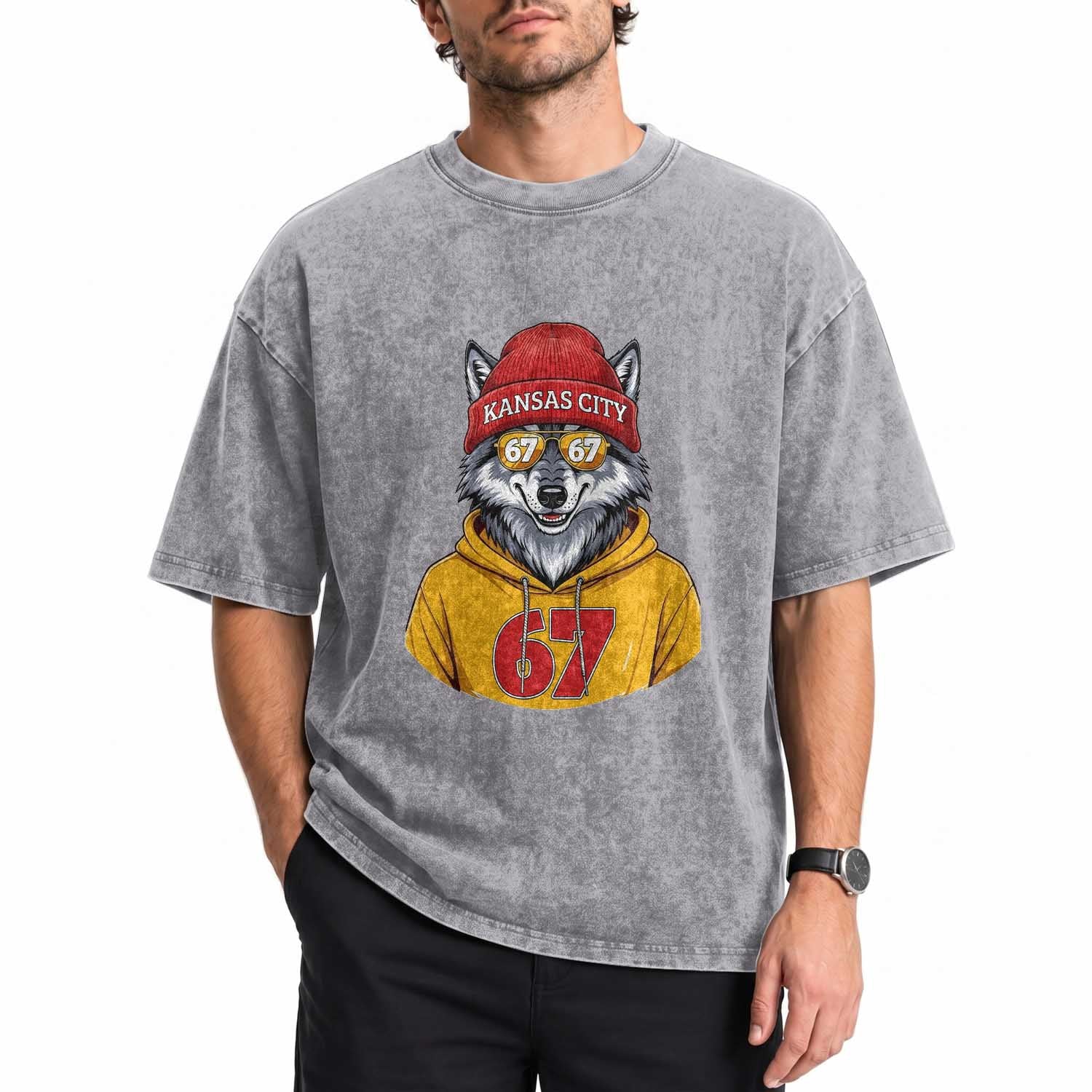 Six Seven Meme Wolf Football Fan Washed Cotton T-Shirt Gen Alpha Slang Gift