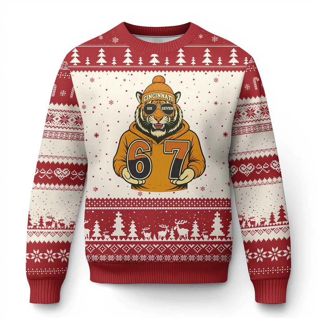 Six Seven Meme Tiger Football Fan Ugly Christmas Sweater Gen Alpha Slang Gift TS12 Beige Red Print Your Wear