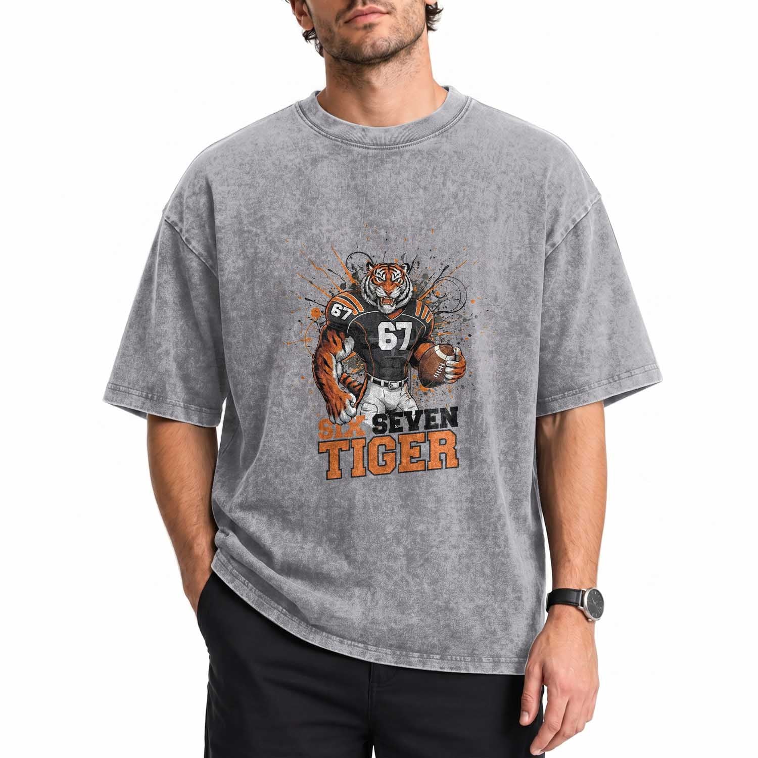 Six Seven Meme Tiger Football Washed Cotton T-Shirt Funny Gen Z Alpha Gift
