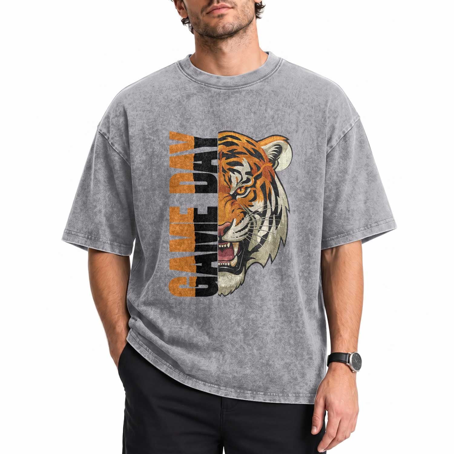 Tiger Football Lover Washed Cotton T-Shirt Game Day Fan Lifestyle