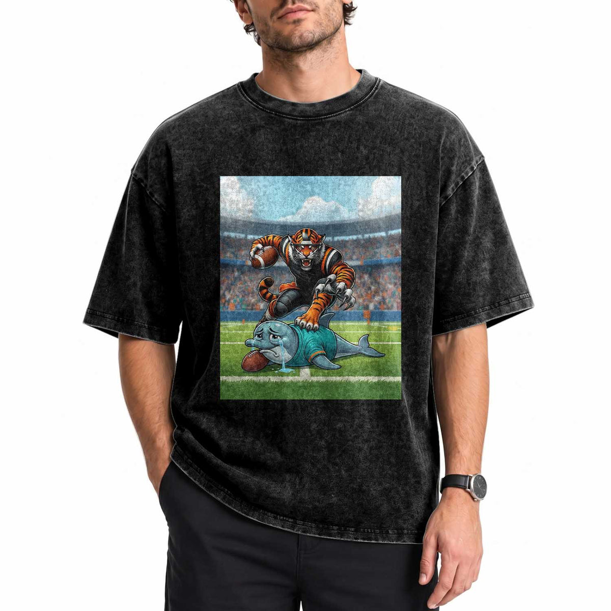 Funny Tiger Dominates Dolphin Washed Cotton T-Shirt FB Rivalry Gift