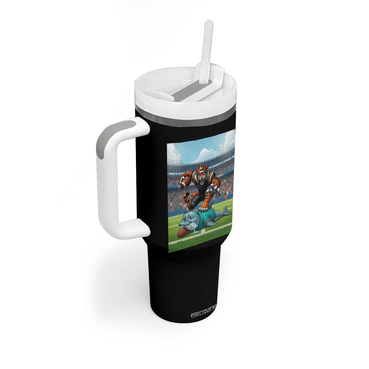 Funny Tiger Dominates Dolphin Tumbler With Handle FB Rivalry Gift TS12 Print Your Wear
