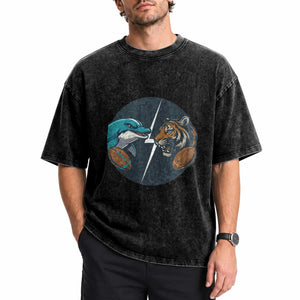 Funny Tiger Vs Dolphin Rivalry Washed Cotton T-Shirt Gift For FB Hardcore Fan