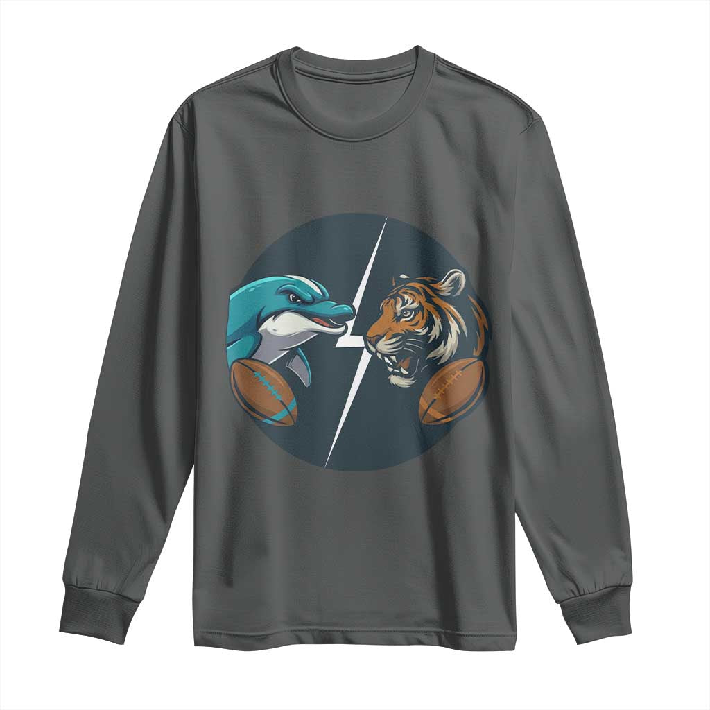 Funny Tiger Vs Dolphin Rivalry Long Sleeve Shirt Gift For FB Hardcore Fan TS12 Dark Heather Print Your Wear