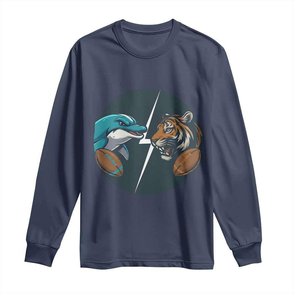 Funny Tiger Vs Dolphin Rivalry Long Sleeve Shirt Gift For FB Hardcore Fan TS12 Navy Print Your Wear
