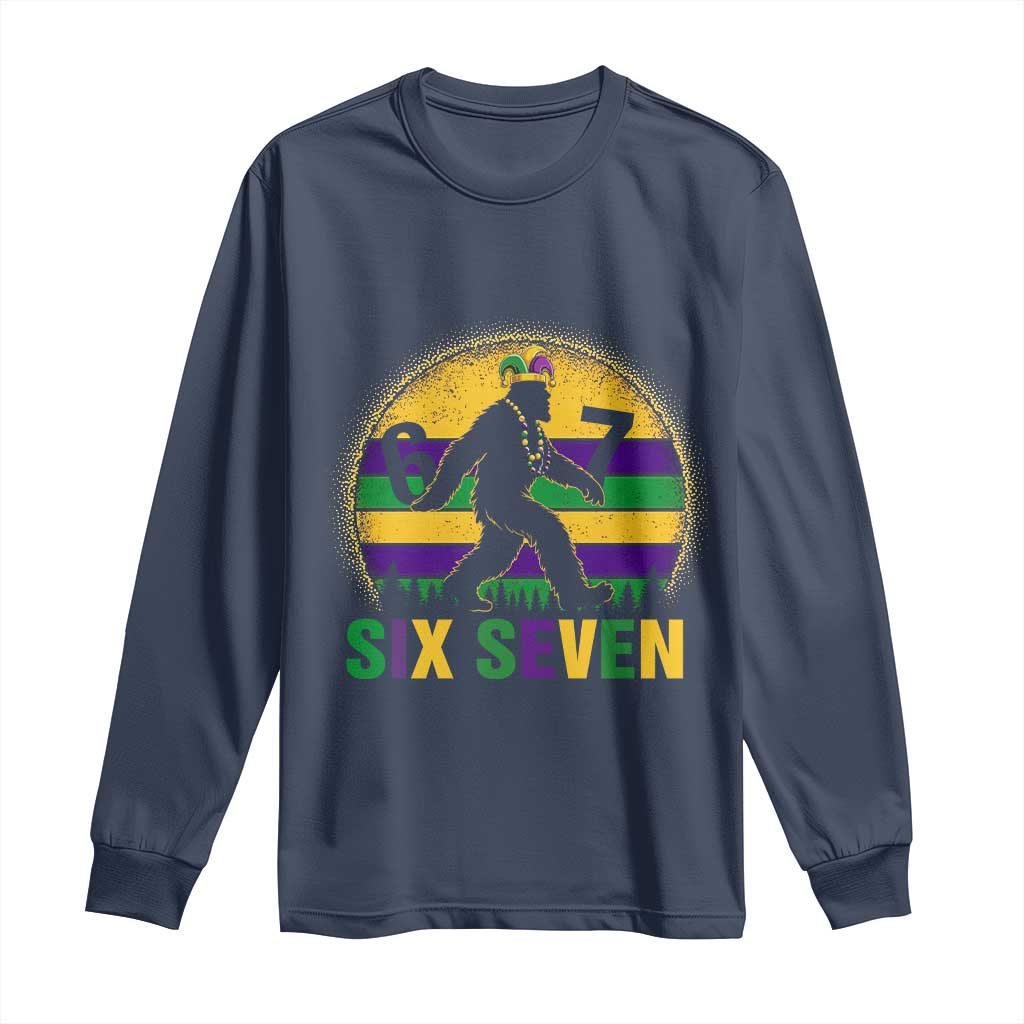 Funny Mardi Gras Bigfoot Long Sleeve Shirt Six Seven Meme TS12 Navy Print Your Wear