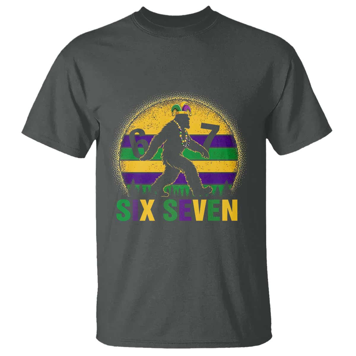 Funny Mardi Gras Bigfoot T Shirt Six Seven Meme TS12 Dark Heather Print Your Wear