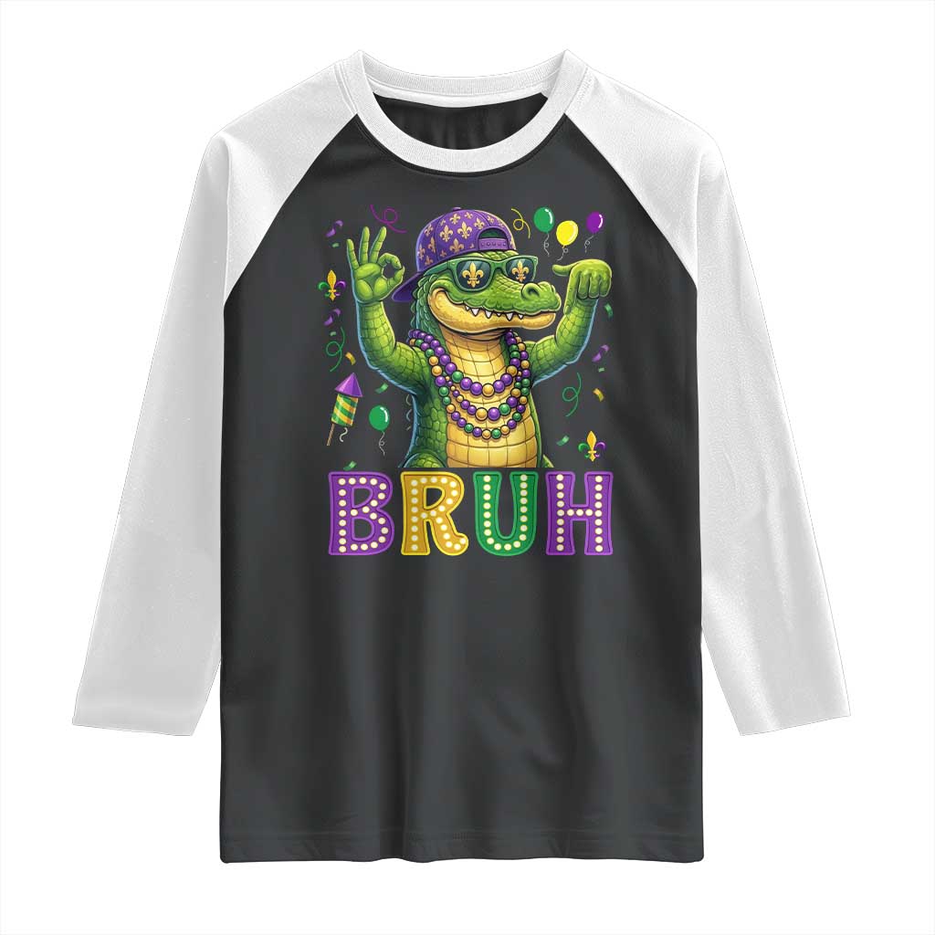 Mardi Gras Mardigator Alligator Six Seven Bruh Meme Raglan Shirt TS12 Black White Print Your Wear