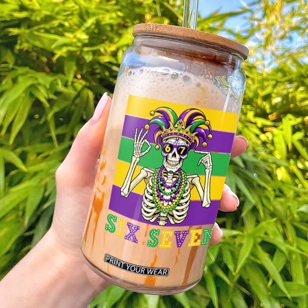 Funny Mardi Gras Skeleton Glass Can Six Seven Meme TS12 White Print Your Wear