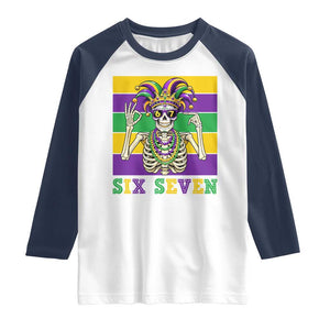 Funny Mardi Gras Skeleton Raglan Shirt Six Seven Meme TS12 White Navy Print Your Wear