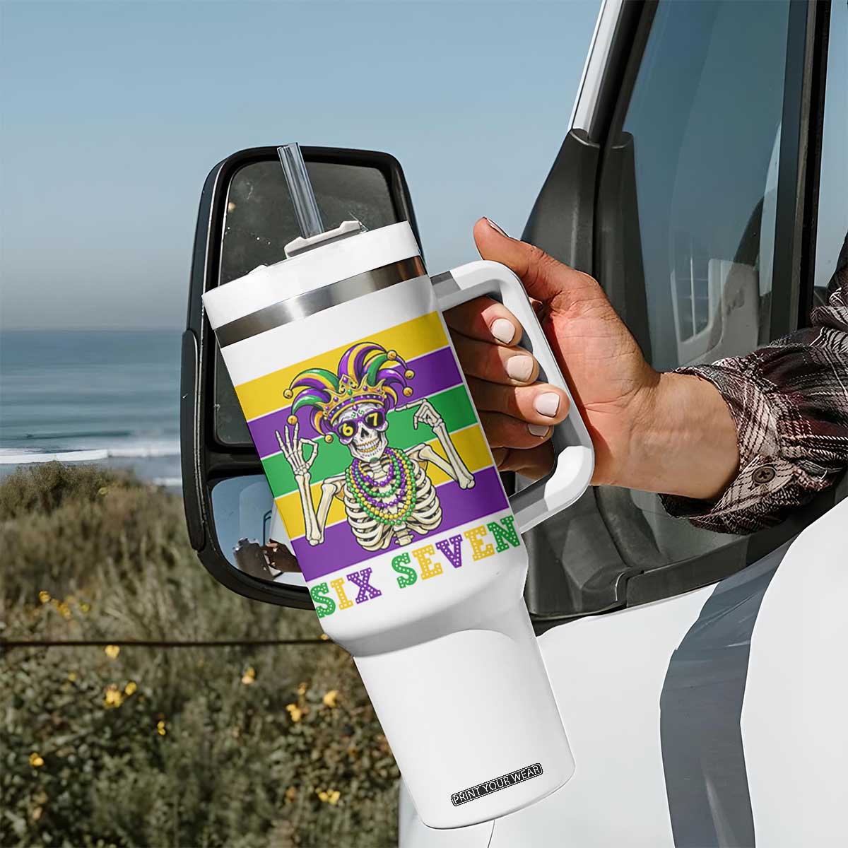 Funny Mardi Gras Skeleton Tumbler With Handle Six Seven Meme TS12 Print Your Wear