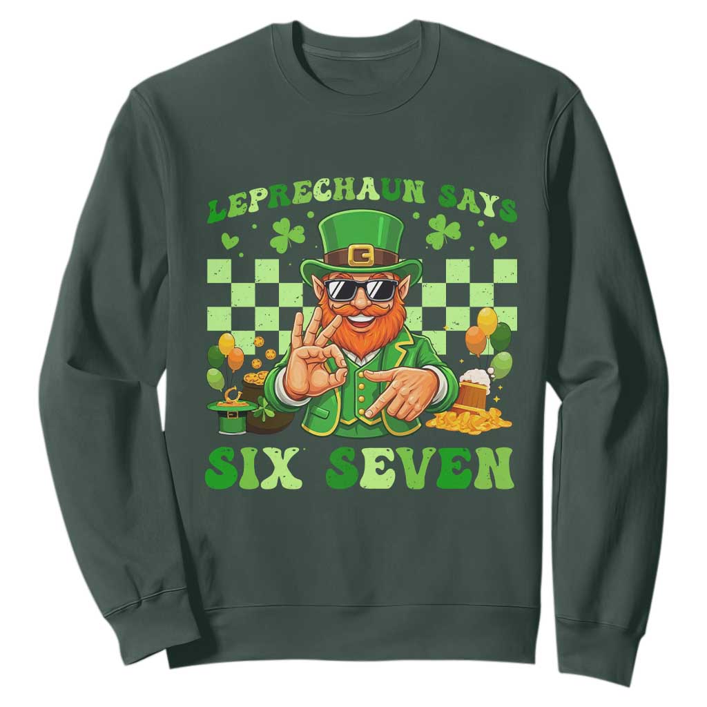 Funny Leprechaun Says Six Seven Sweatshirt St Patricks Day TS12 Dark Forest Green Print Your Wear