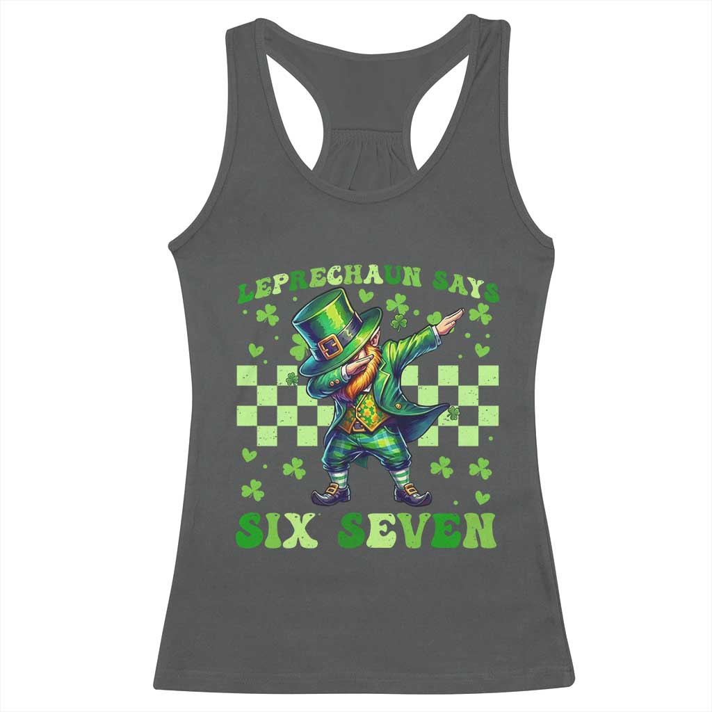 Leprechaun Six Seven Meme Racerback Tank Top Funny St Patricks Day Gift TS12 Dark Heather Print Your Wear