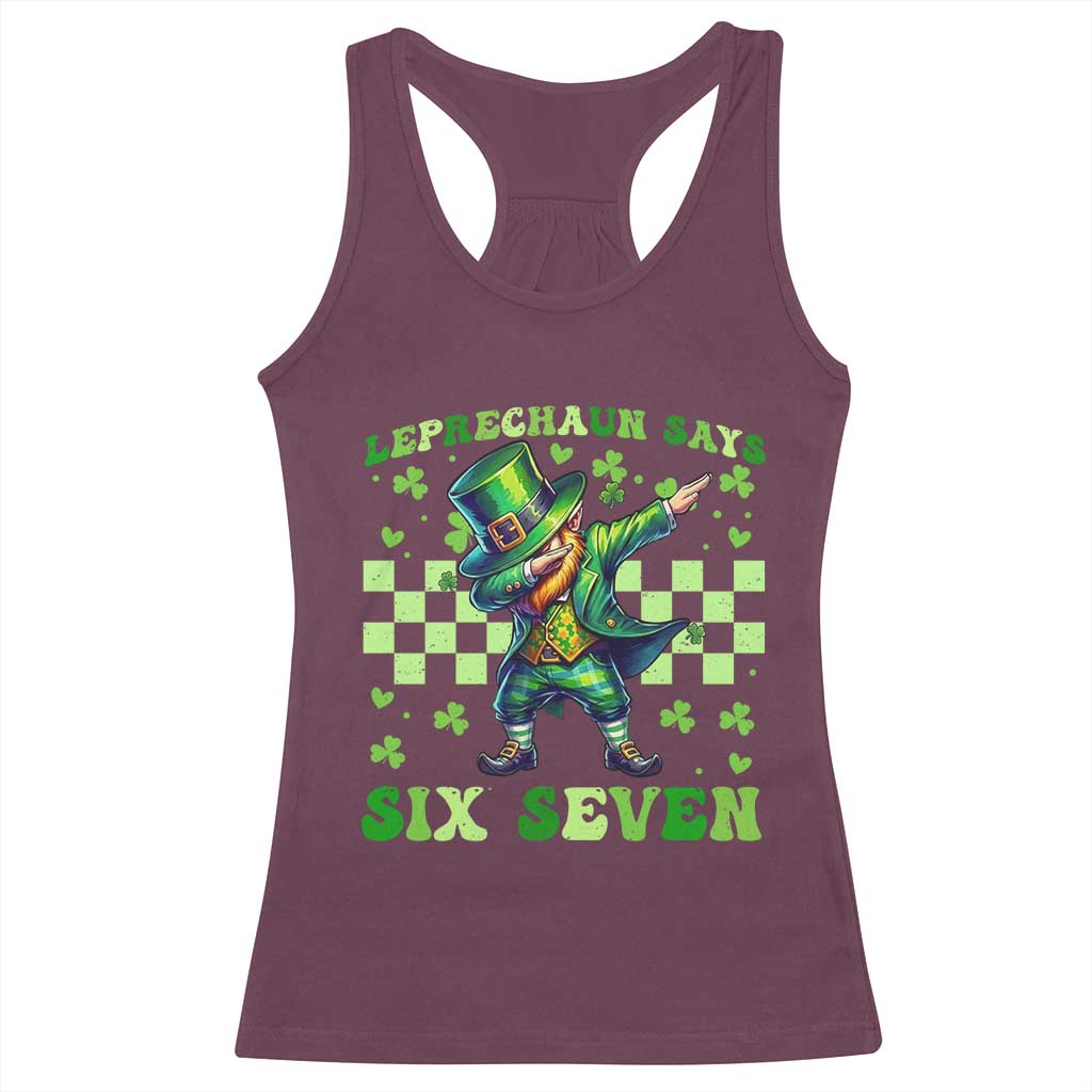 Leprechaun Six Seven Meme Racerback Tank Top Funny St Patricks Day Gift TS12 Maroon Print Your Wear