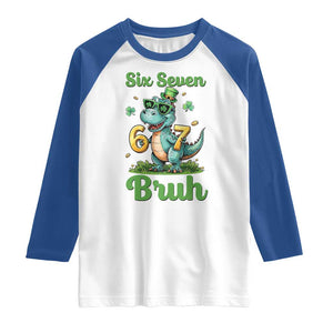 Funny Dinosaur Says Six Seven Raglan Shirt St Patricks Day TS12 White Royal Print Your Wear