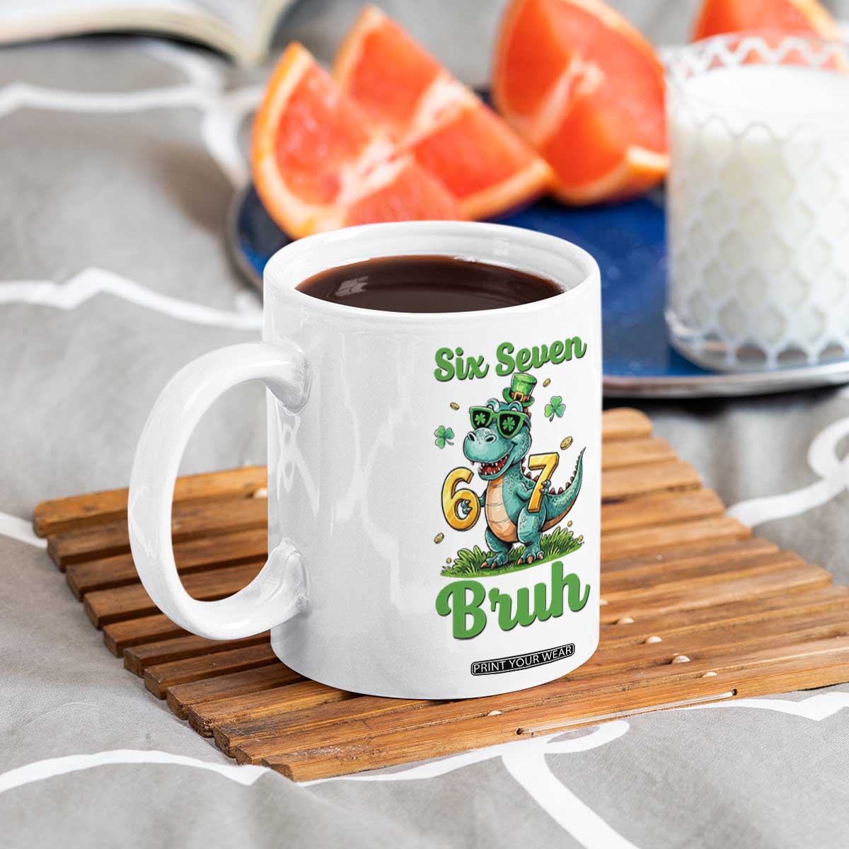 Funny Dinosaur Says Six Seven Coffee Mug St Patricks Day TS12 Print Your Wear