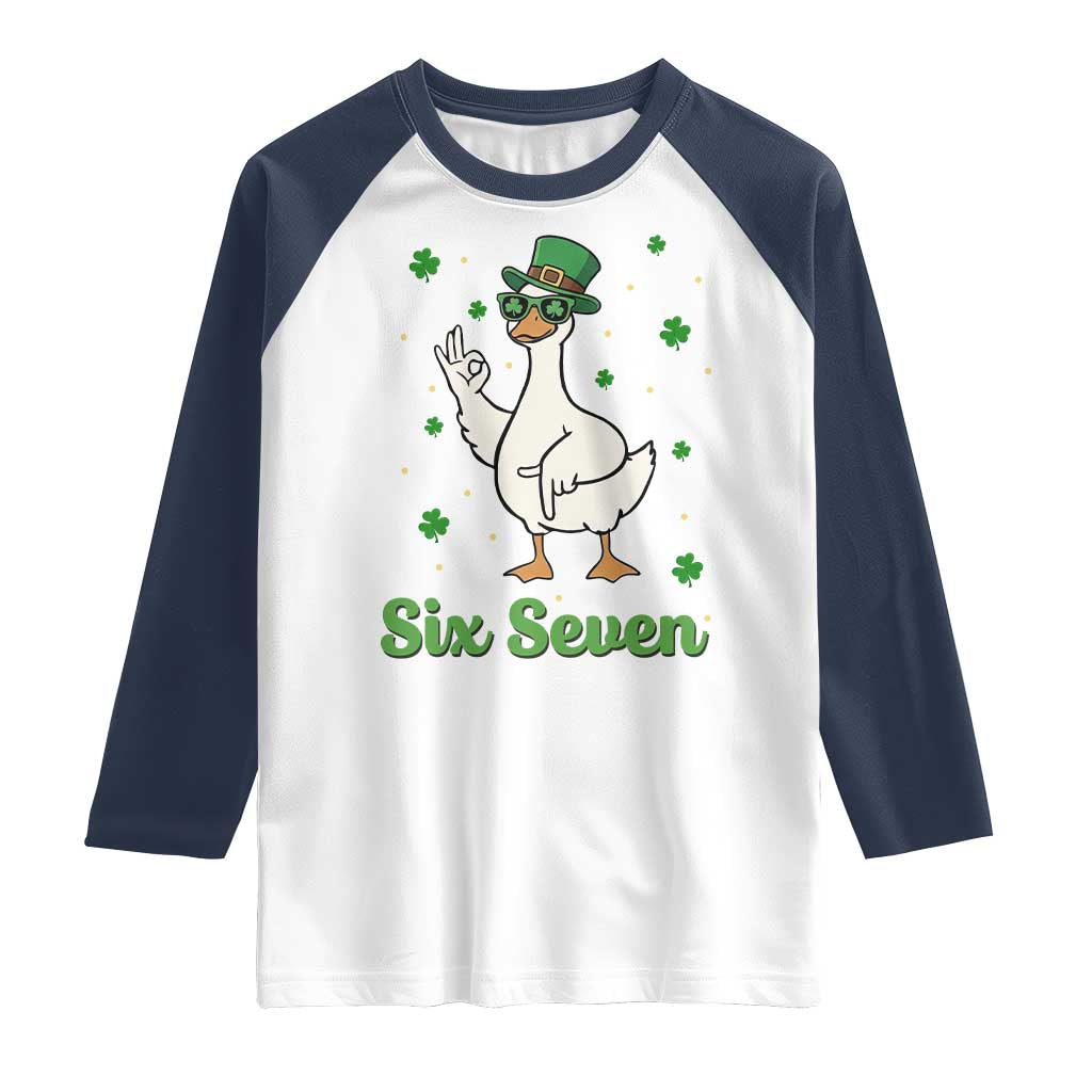 Lucky Goose Six Seven Meme Raglan Shirt St Patricks Day TS12 White Navy Print Your Wear