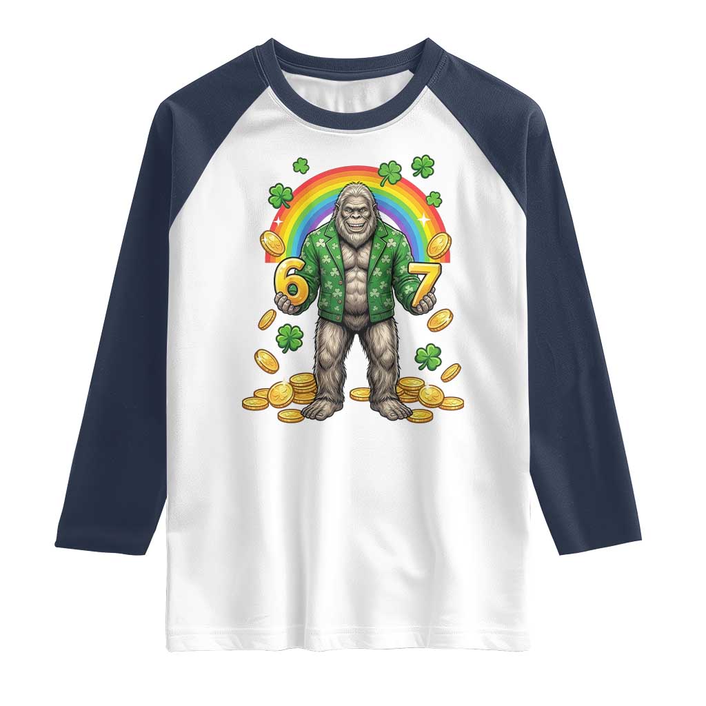 Bigfoot Six Seven Meme Raglan Shirt Funny St Patricks Day Gift TS12 White Navy Print Your Wear