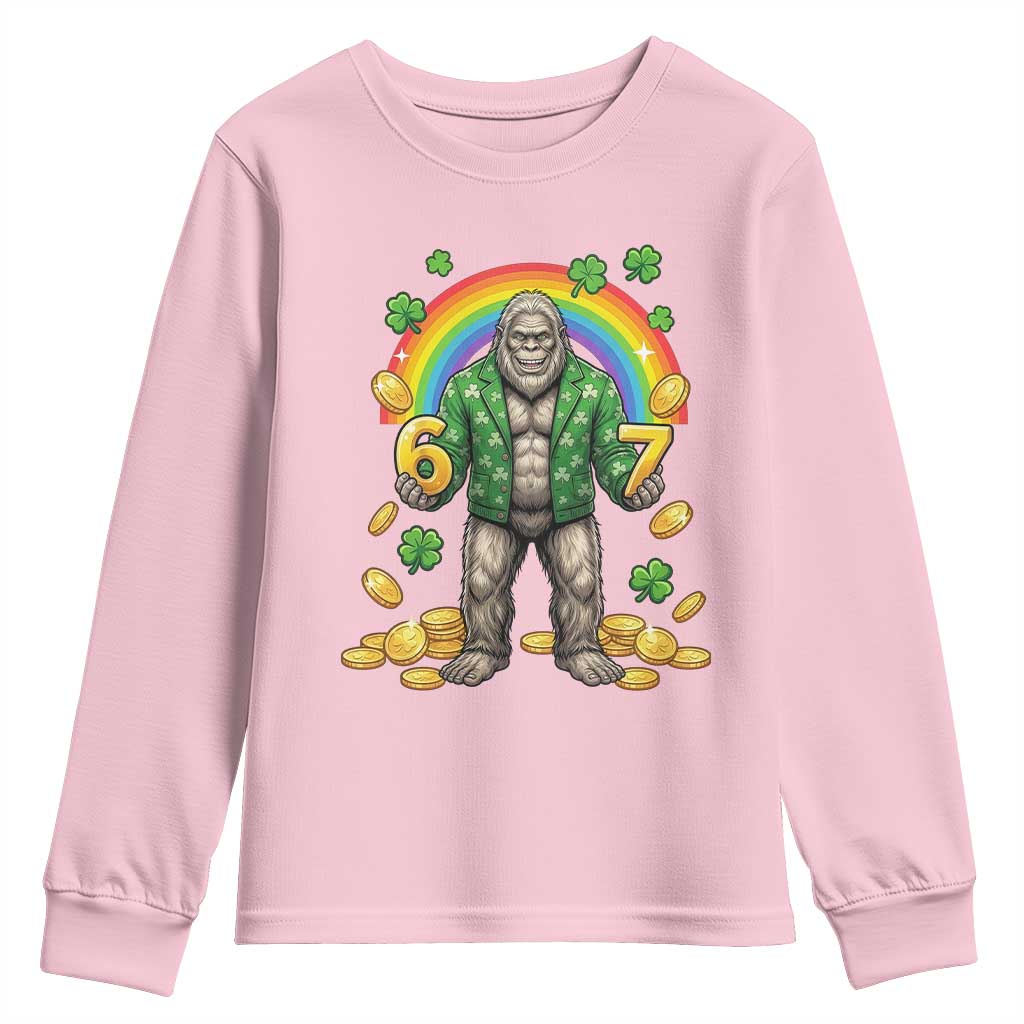 Bigfoot Six Seven Meme Youth Sweatshirt Funny St Patricks Day Gift TS12 Light Pink Print Your Wear
