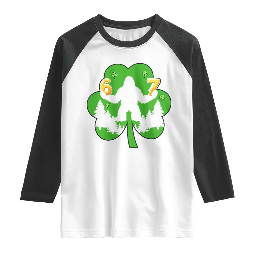 St Patricks Day Bigfoot Shamrock Raglan Shirt Six Seven Meme TS12 White Black Print Your Wear