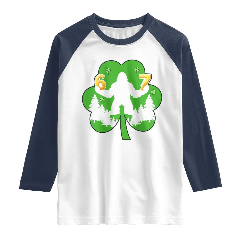 St Patricks Day Bigfoot Shamrock Raglan Shirt Six Seven Meme TS12 White Navy Print Your Wear