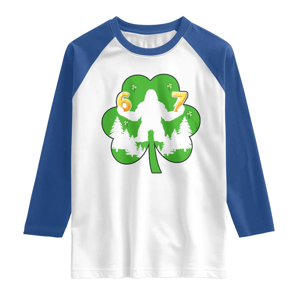 St Patricks Day Bigfoot Shamrock Raglan Shirt Six Seven Meme TS12 White Royal Print Your Wear