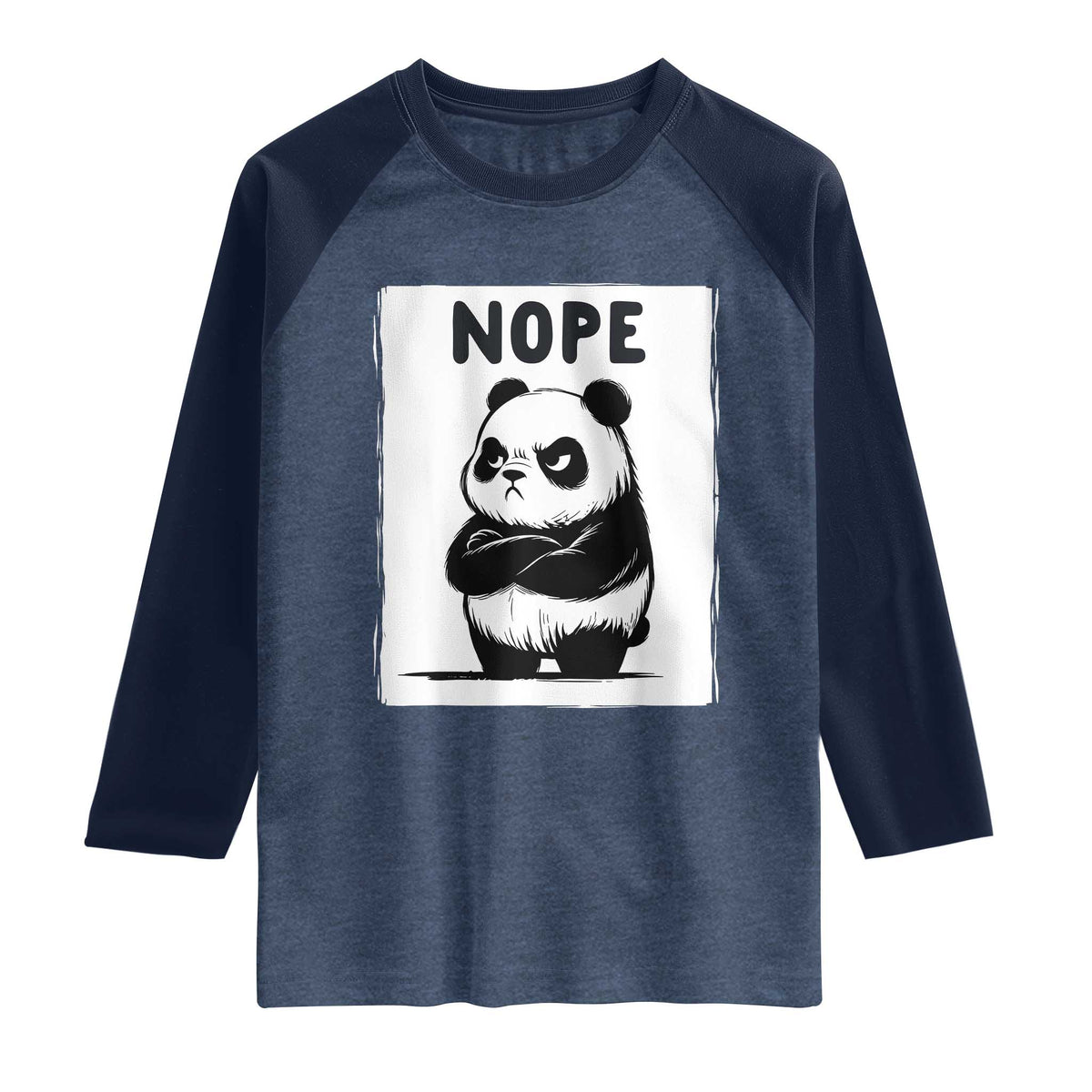 Grumpy Panda Says Nope Raglan Shirt Japanese Aesthetic Panda Bear Graphic TS12 Heather Denim Navy Print Your Wear