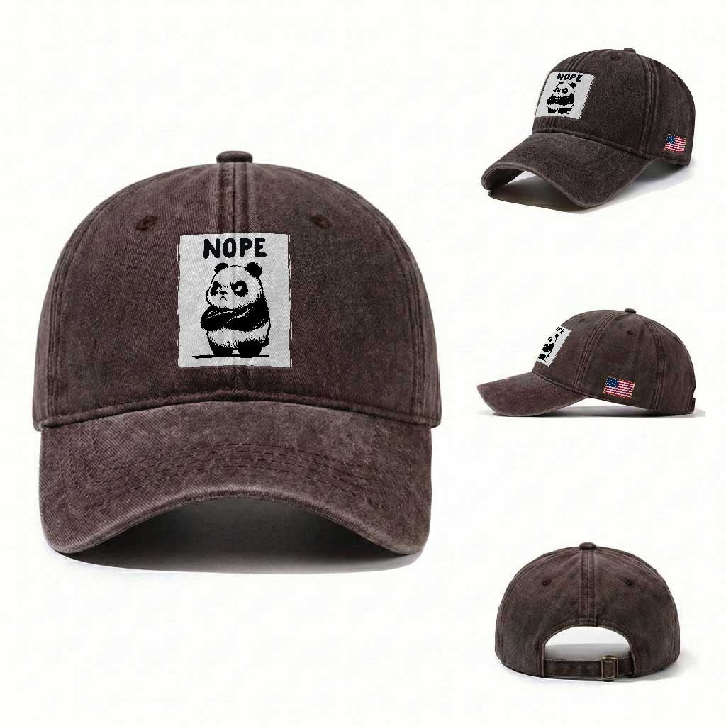 Grumpy Panda Says Nope Washed Cotton Baseball Cap Japanese Aesthetic Panda Bear Graphic TS12 Washed Cap Universal Fit Dark Brown Print Your Wear