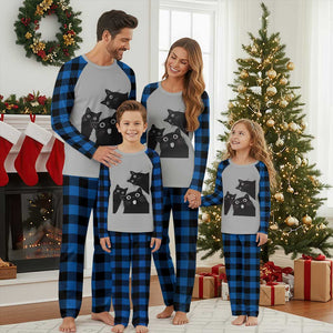 Funny Japanese Black Cat Is Watching You Plaid Pajama Set Cat Lover TS12 Blue Plaid Print Your Wear
