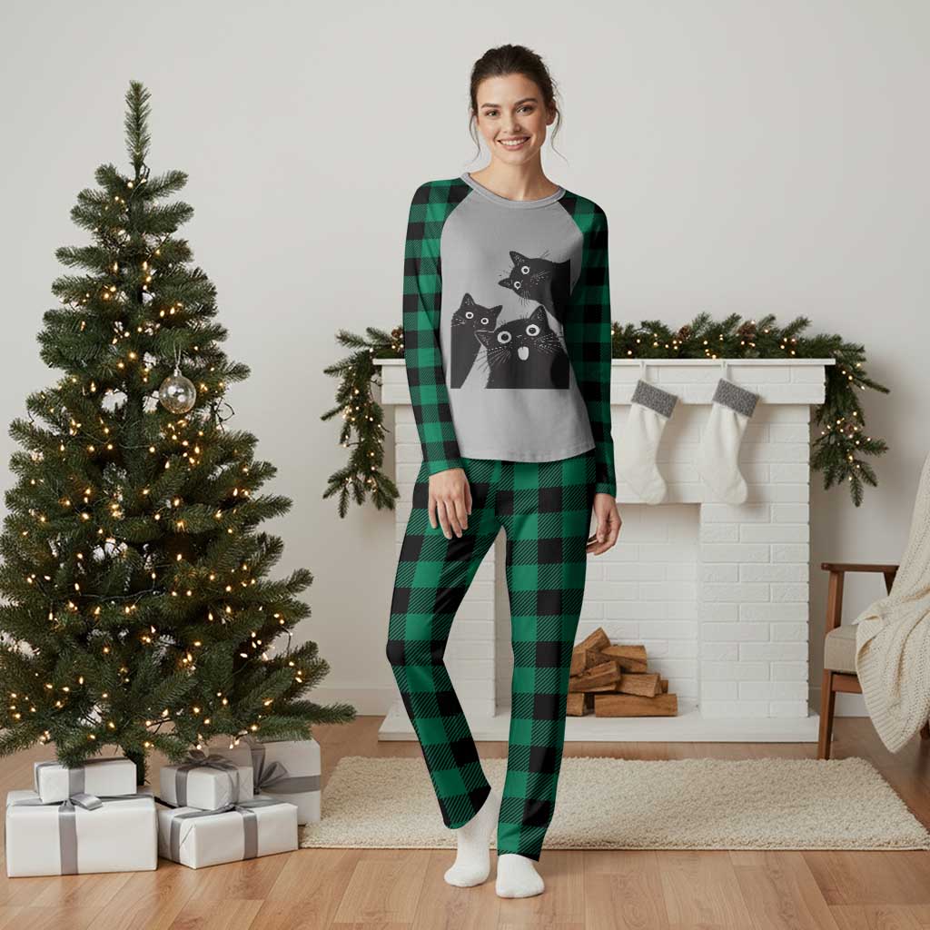 Funny Japanese Black Cat Is Watching You Plaid Pajama Set Cat Lover TS12 Green Plaid Print Your Wear