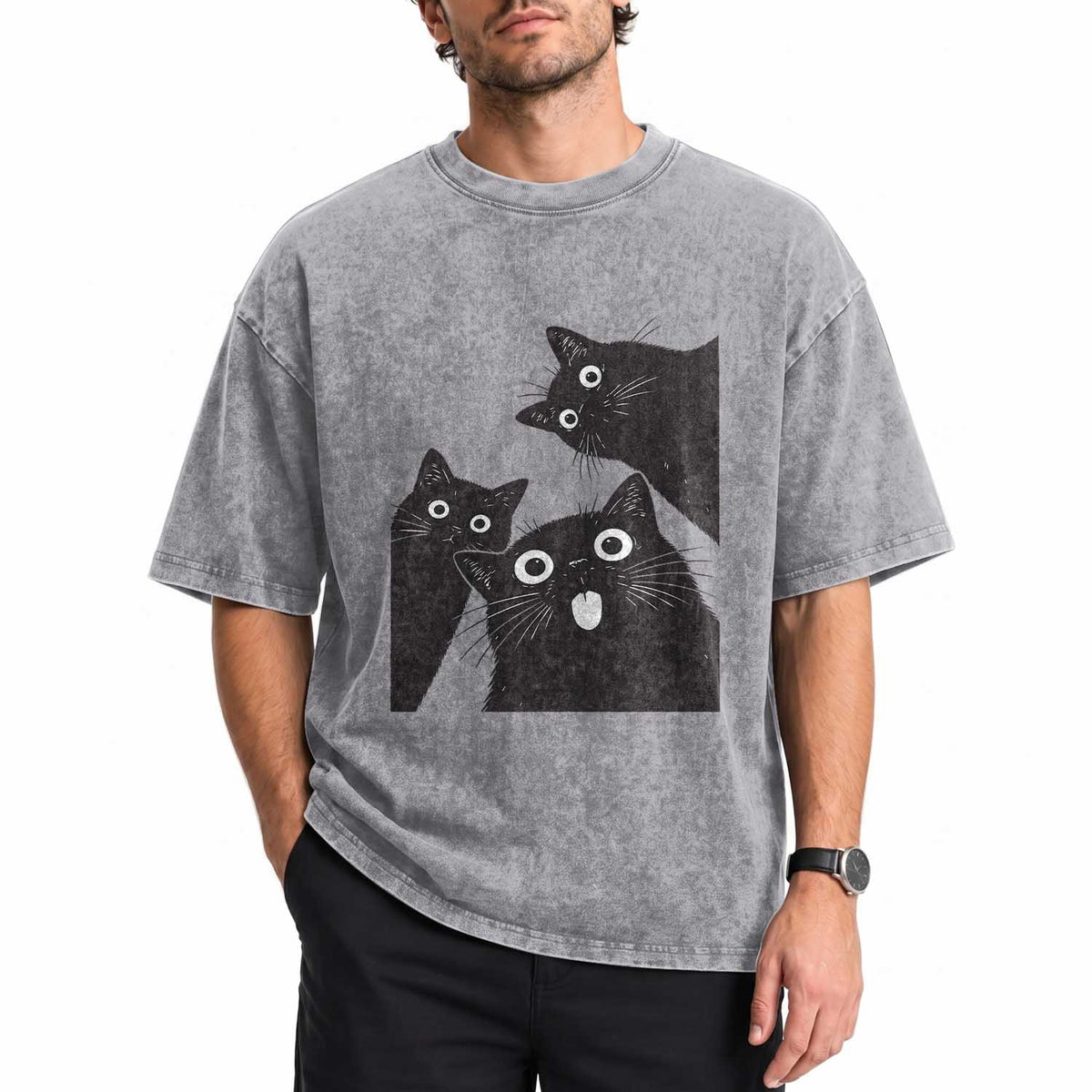 Funny Japanese Black Cat Is Watching You Washed Cotton T-Shirt Cat Lover