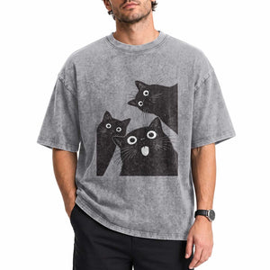 Funny Japanese Black Cat Is Watching You Washed Cotton T-Shirt Cat Lover