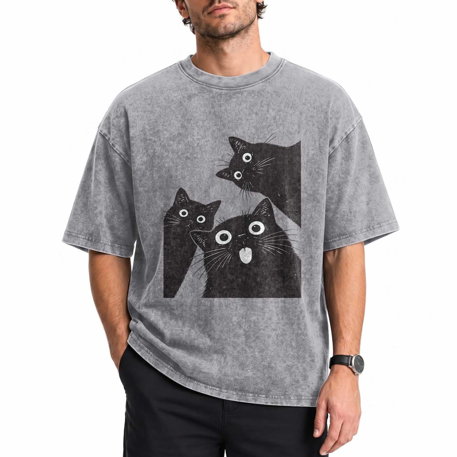 Funny Japanese Black Cat Is Watching You Washed Cotton T-Shirt Cat Lover