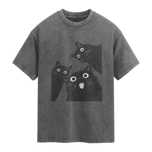 Funny Japanese Black Cat Is Watching You Washed Cotton T-Shirt Cat Lover