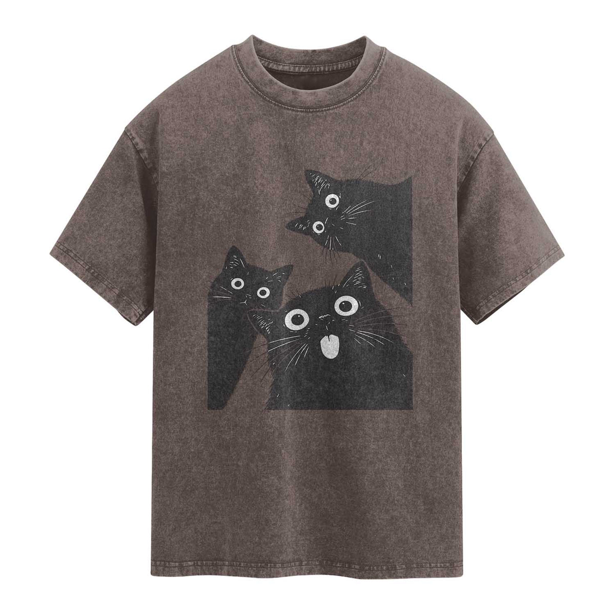 Funny Japanese Black Cat Is Watching You Washed Cotton T-Shirt Cat Lover