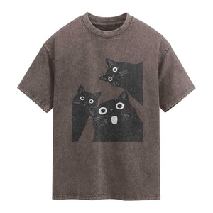 Funny Japanese Black Cat Is Watching You Washed Cotton T-Shirt Cat Lover
