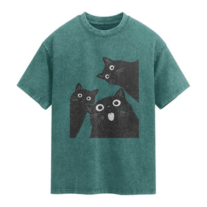 Funny Japanese Black Cat Is Watching You Washed Cotton T-Shirt Cat Lover
