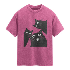 Funny Japanese Black Cat Is Watching You Washed Cotton T-Shirt Cat Lover