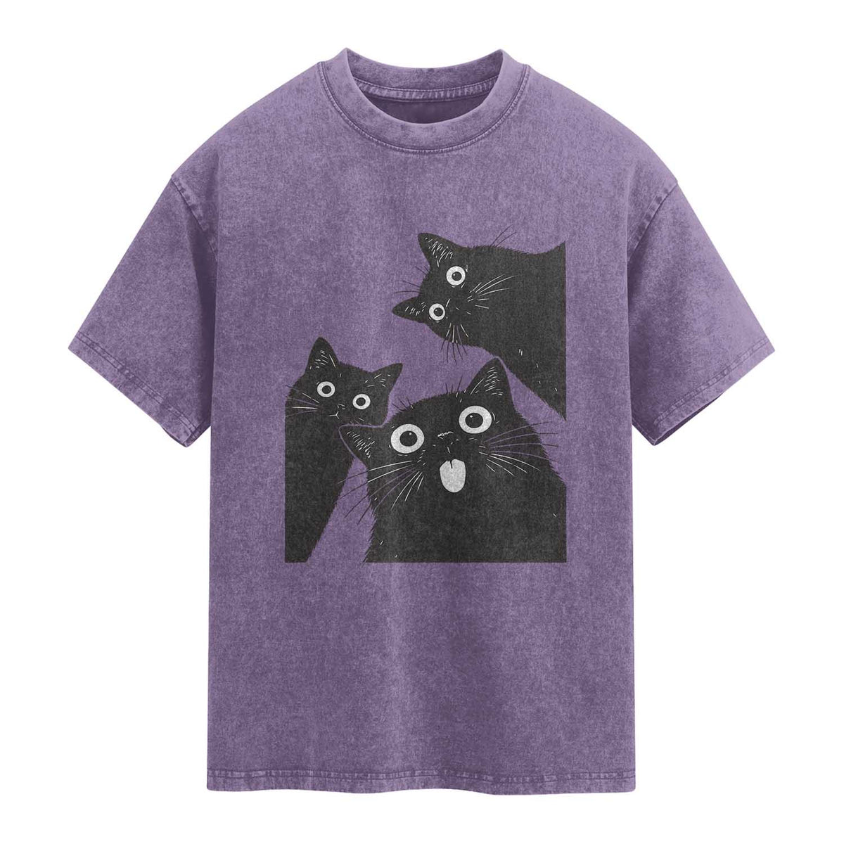 Funny Japanese Black Cat Is Watching You Washed Cotton T-Shirt Cat Lover