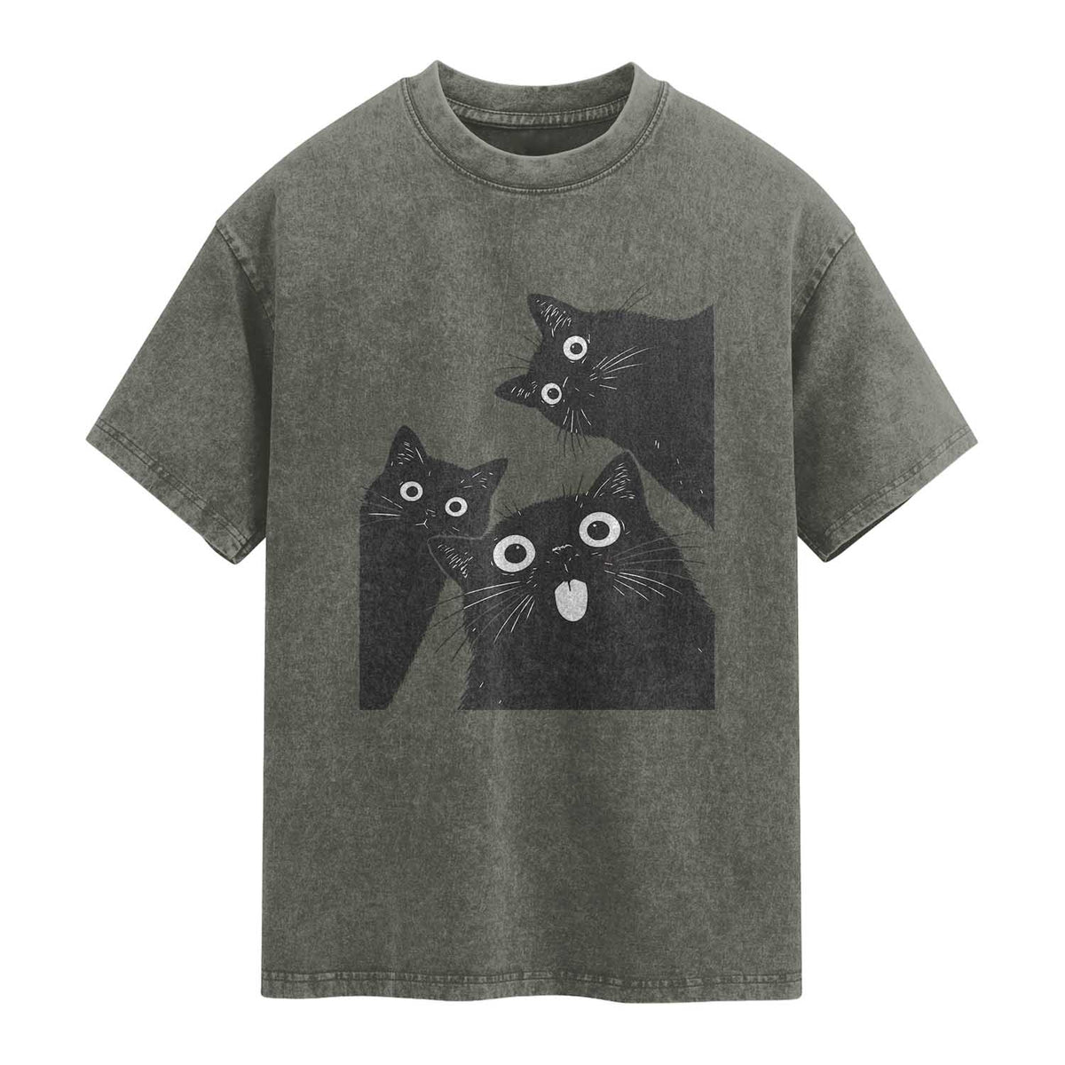 Funny Japanese Black Cat Is Watching You Washed Cotton T-Shirt Cat Lover
