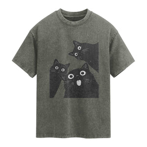 Funny Japanese Black Cat Is Watching You Washed Cotton T-Shirt Cat Lover