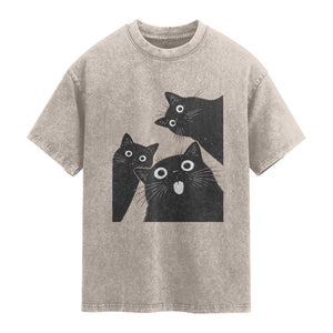 Funny Japanese Black Cat Is Watching You Washed Cotton T-Shirt Cat Lover