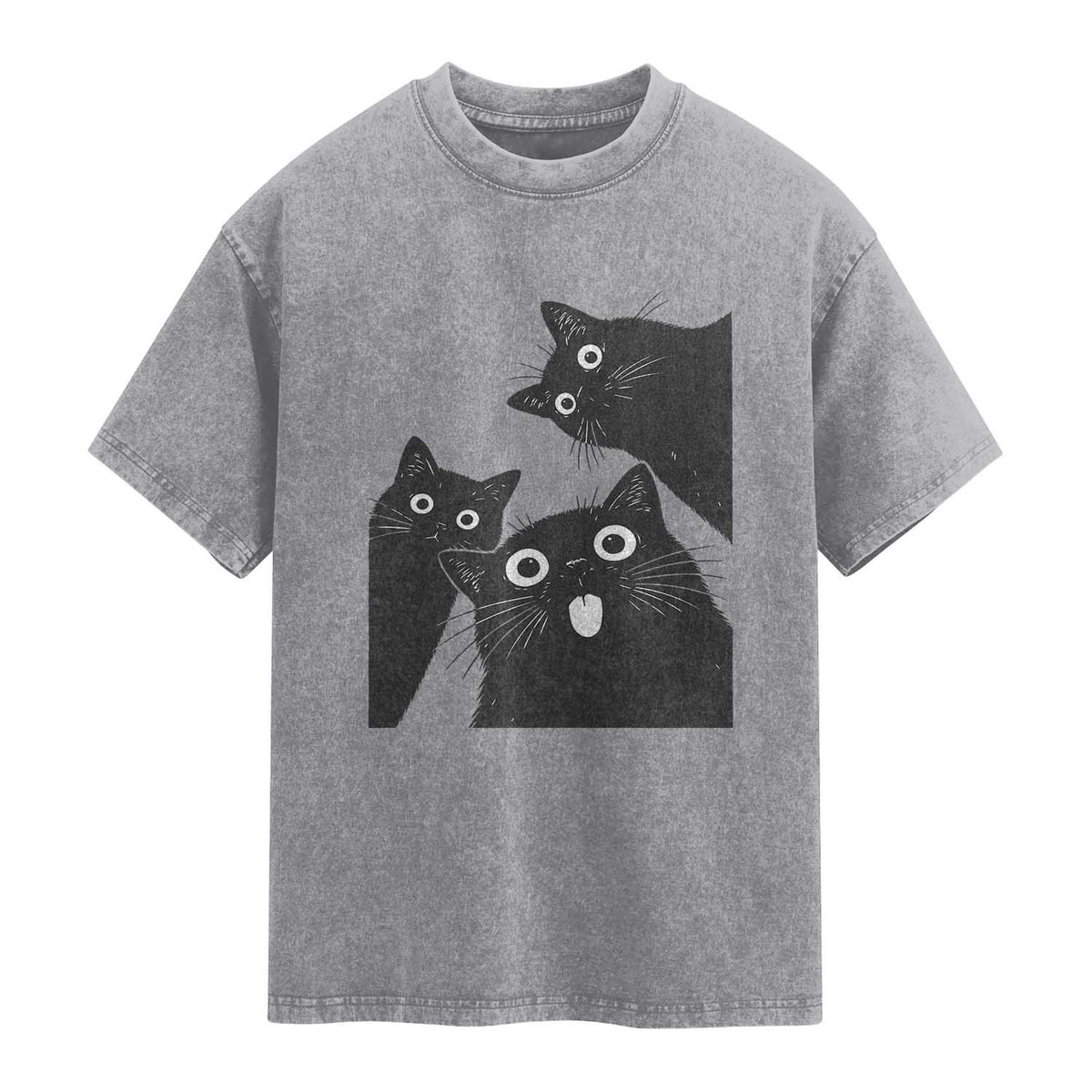 Funny Japanese Black Cat Is Watching You Washed Cotton T-Shirt Cat Lover