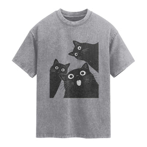Funny Japanese Black Cat Is Watching You Washed Cotton T-Shirt Cat Lover