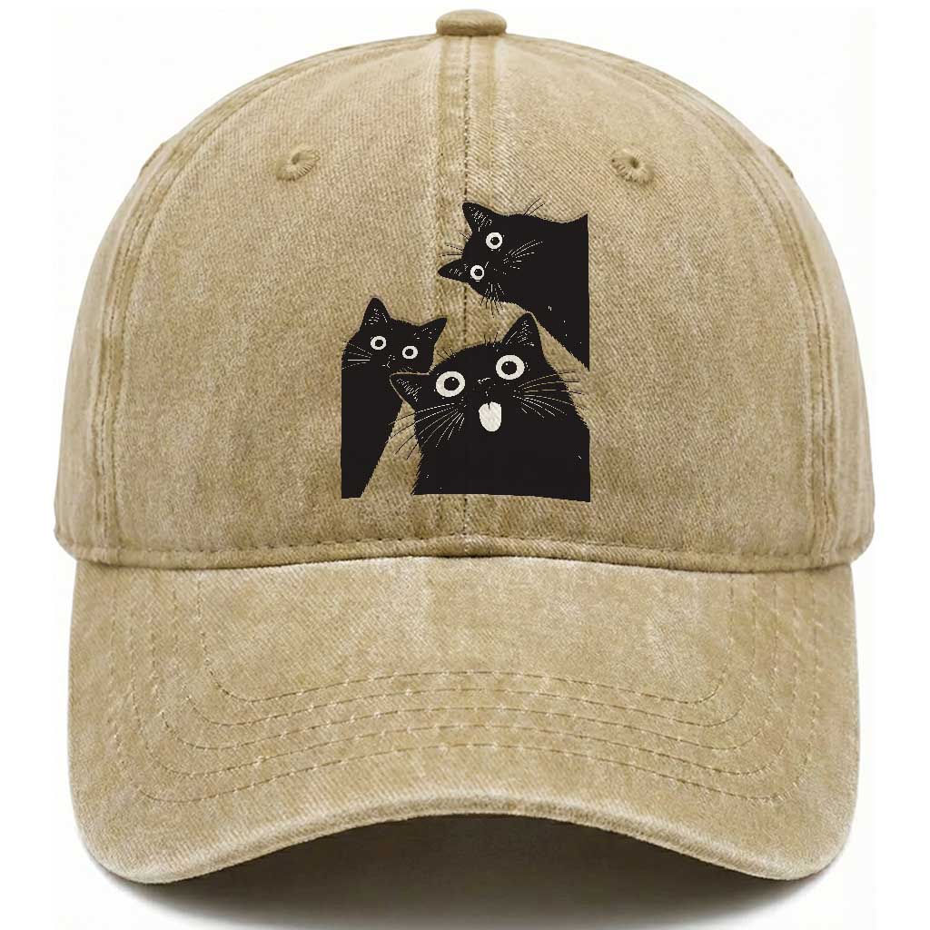 Funny Japanese Black Cat Is Watching You Washed Cotton Baseball Cap Cat Lover TS12 Print Your Wear