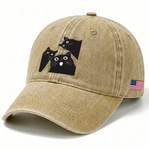 Funny Japanese Black Cat Is Watching You Washed Cotton Baseball Cap Cat Lover TS12 Print Your Wear