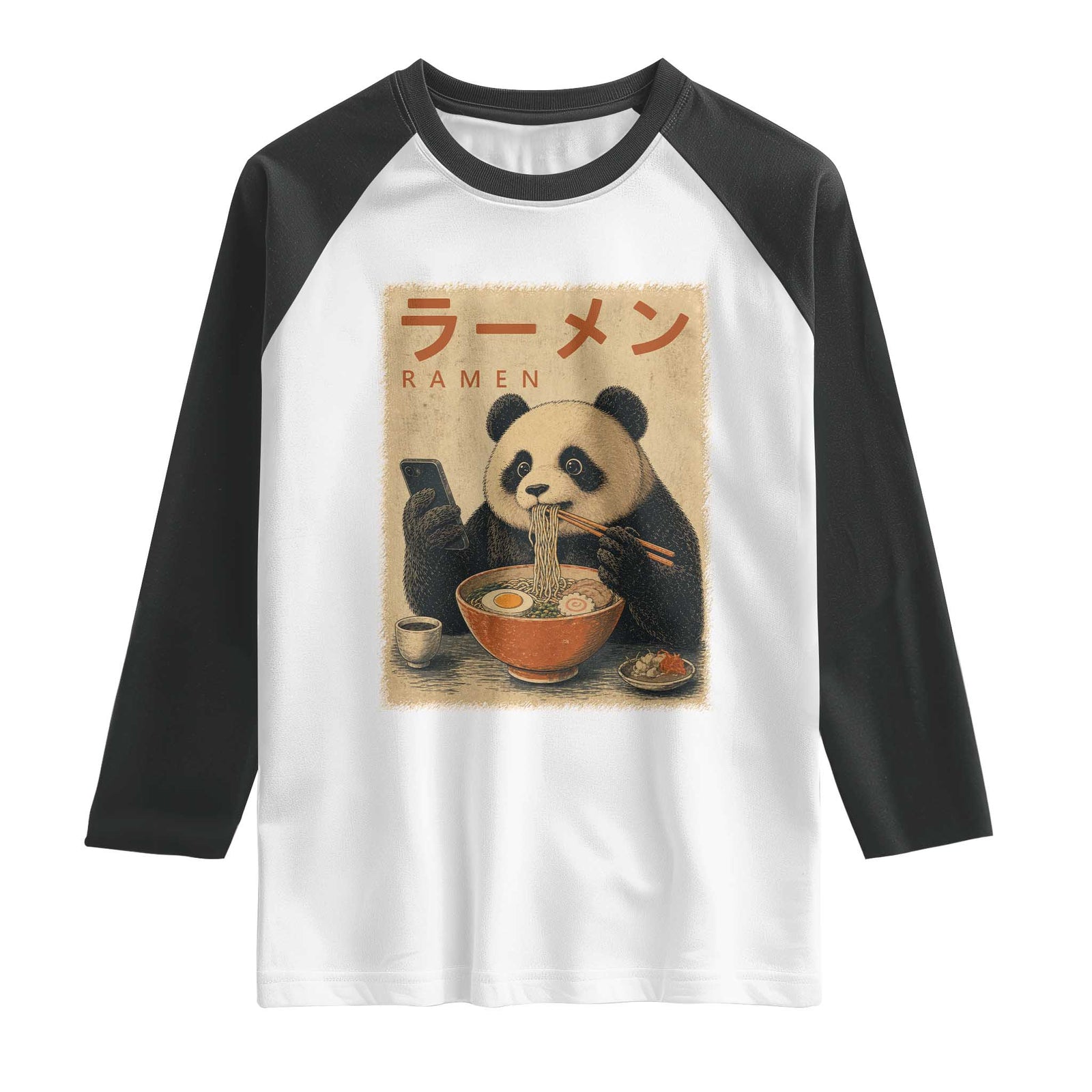 Funny Panda Eating Ramen Scrolling Phone Raglan Shirt Japanese Art Aesthetic TS12 White Black Print Your Wear