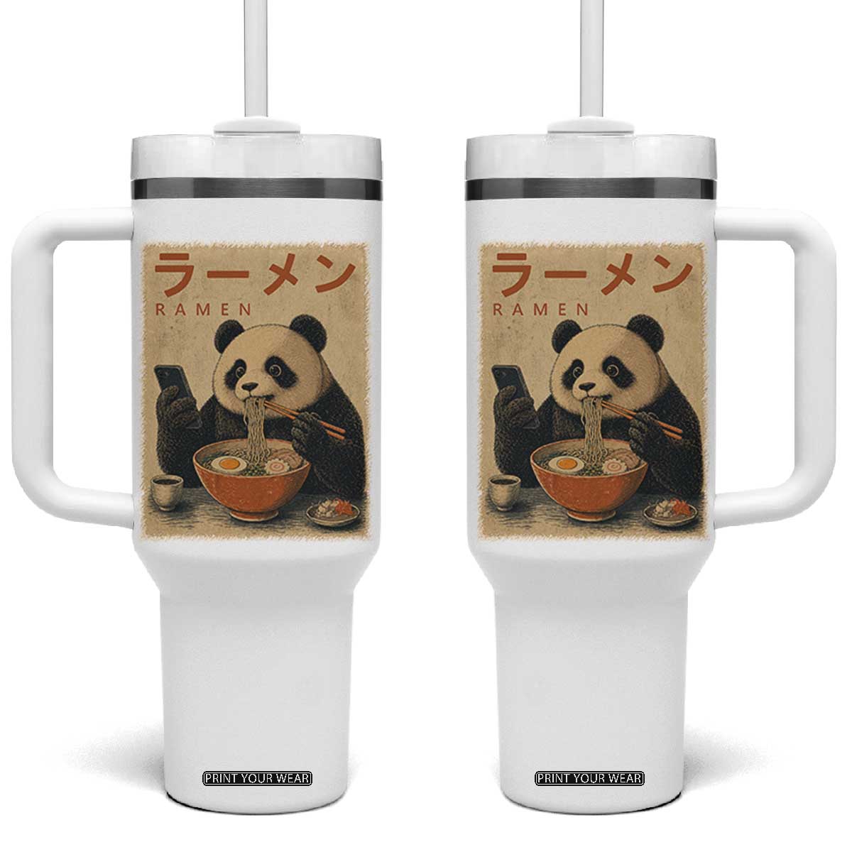 Funny Panda Eating Ramen Scrolling Phone Tumbler With Handle Japanese Art Aesthetic TS12 One Size: 40 oz White Print Your Wear