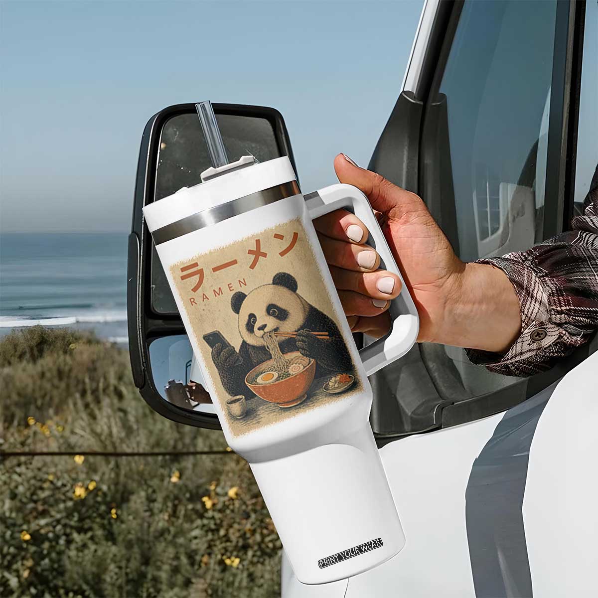 Funny Panda Eating Ramen Scrolling Phone Tumbler With Handle Japanese Art Aesthetic TS12 Print Your Wear