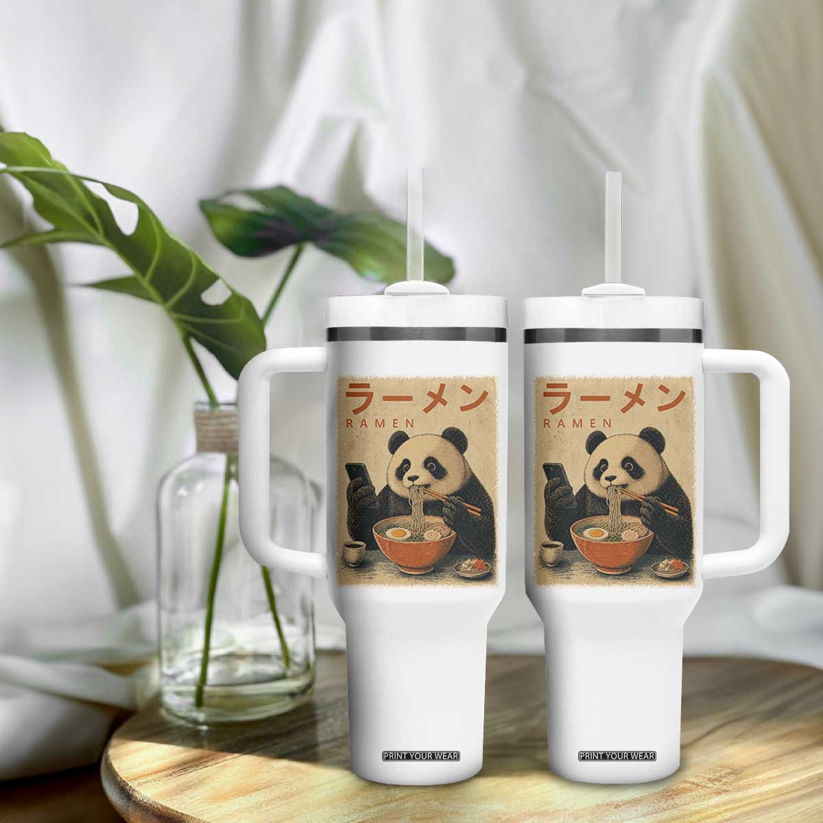 Funny Panda Eating Ramen Scrolling Phone Tumbler With Handle Japanese Art Aesthetic TS12 Print Your Wear